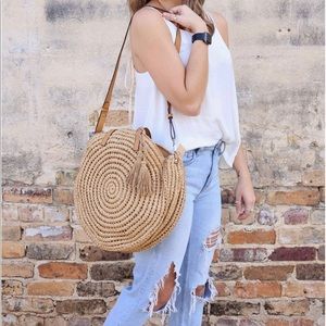 Azure Woven Straw Round Crossbody Natural